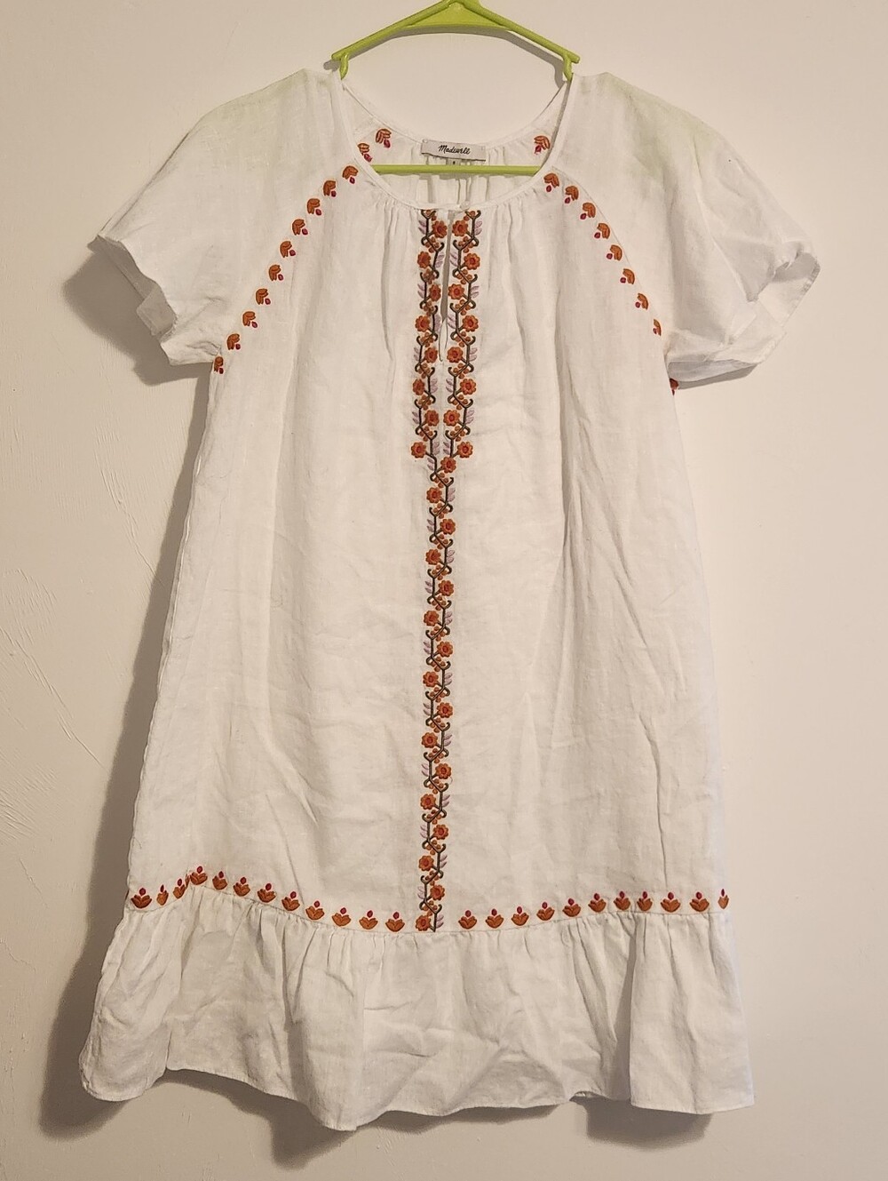 Madewell Embroidered Linen-Blend Raglan Ruffle Mini Dress - Picture 2 of 8